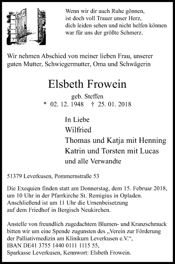  Traueranzeige für Elsbeth Frowein vom 10.02.2018 aus Kölner Stadt-Anzeiger / Kölnische Rundschau / Express