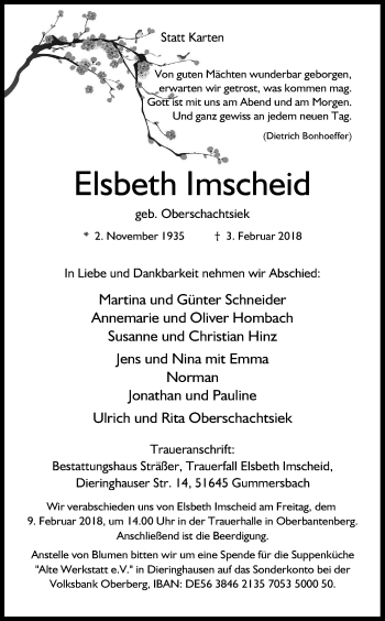 Anzeige von Elsbeth Imscheid von Kölner Stadt-Anzeiger / Kölnische Rundschau / Express