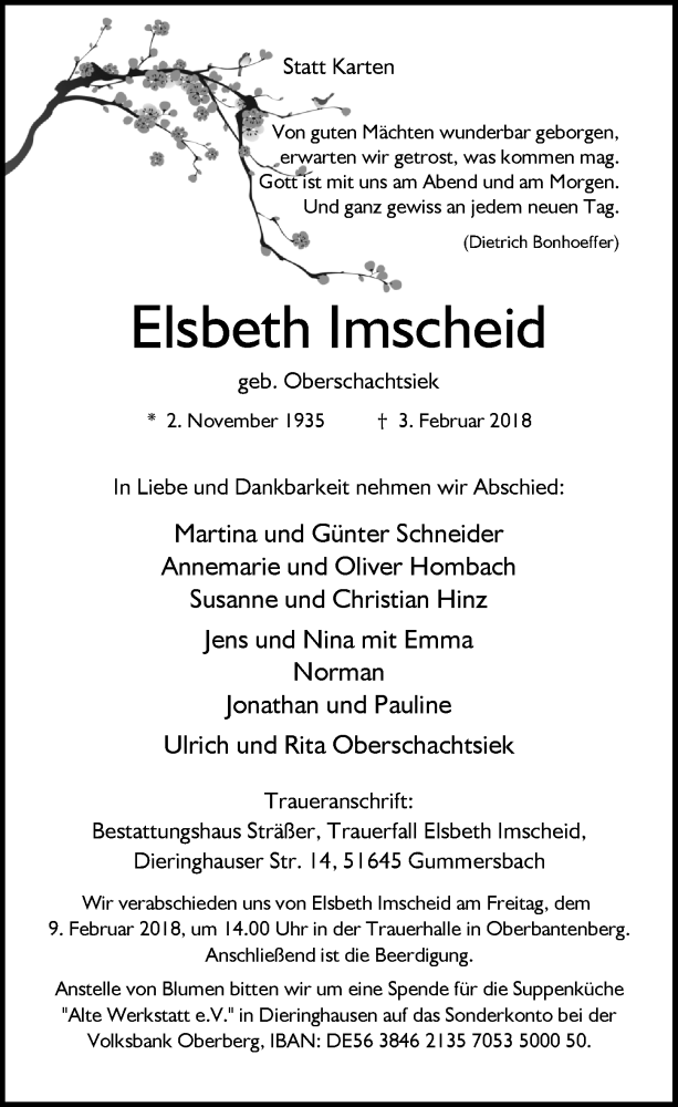  Traueranzeige für Elsbeth Imscheid vom 07.02.2018 aus  Anzeigen Echo 
