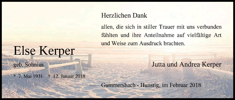  Traueranzeige für Else Kerper vom 21.02.2018 aus Kölner Stadt-Anzeiger / Kölnische Rundschau / Express