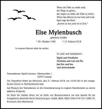 Anzeige von Else Mylenbusch von Kölner Stadt-Anzeiger / Kölnische Rundschau / Express