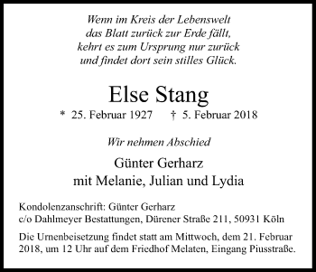 Anzeige von Else Stang von Kölner Stadt-Anzeiger / Kölnische Rundschau / Express