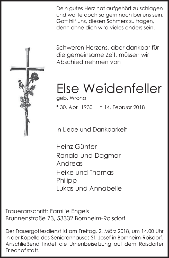  Traueranzeige für Else Weidenfeller vom 21.02.2018 aus  Schaufenster/Blickpunkt 