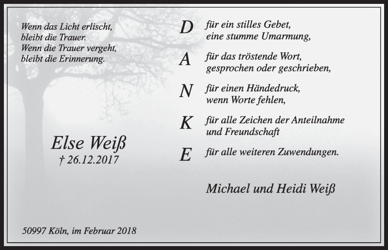  Traueranzeige für Else Weiß vom 07.02.2018 aus  Schlossbote/Werbekurier 