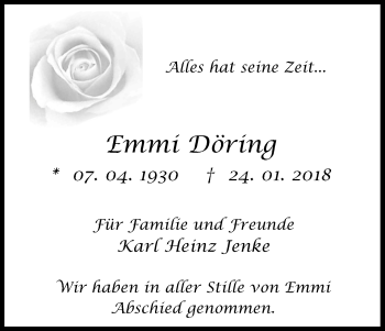 Anzeige von Emmi Döring von Kölner Stadt-Anzeiger / Kölnische Rundschau / Express