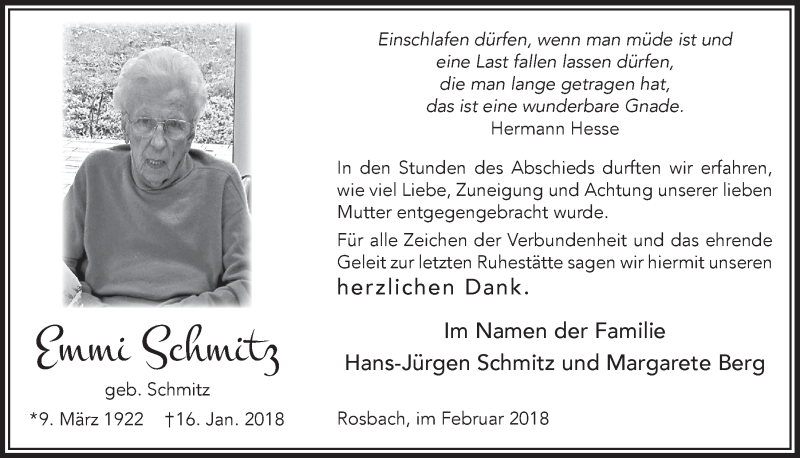  Traueranzeige für Emmi Schmitz vom 21.02.2018 aus  Lokalanzeiger 