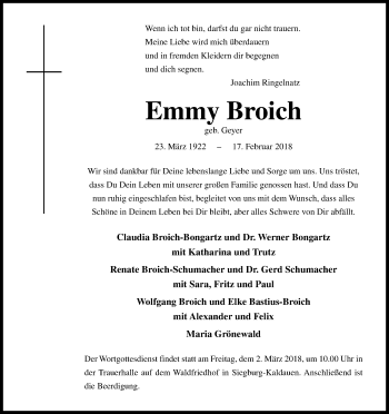 Anzeige von Emmy Broich von Kölner Stadt-Anzeiger / Kölnische Rundschau / Express