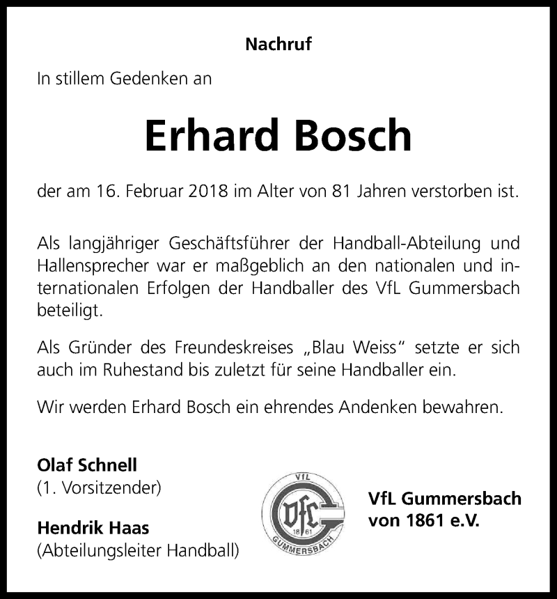  Traueranzeige für Erhard Bosch vom 20.02.2018 aus Kölner Stadt-Anzeiger / Kölnische Rundschau / Express
