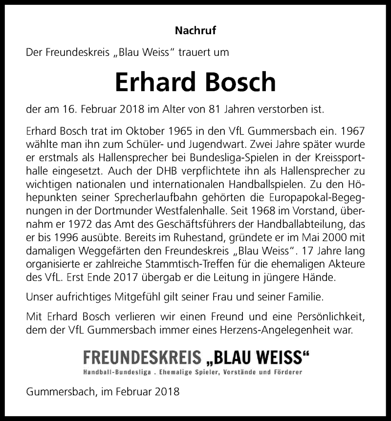  Traueranzeige für Erhard Bosch vom 20.02.2018 aus Kölner Stadt-Anzeiger / Kölnische Rundschau / Express