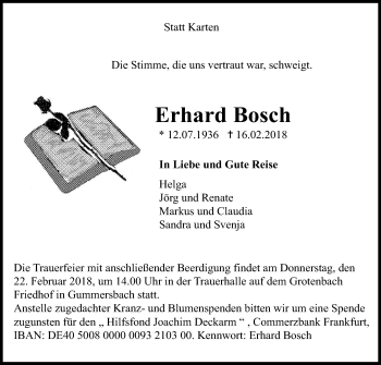 Anzeige von Erhard Bosch von Kölner Stadt-Anzeiger / Kölnische Rundschau / Express