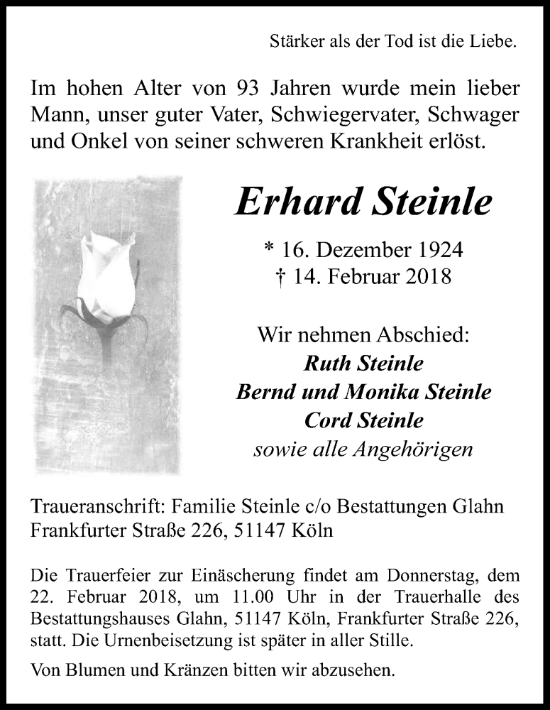  Traueranzeige für Erhard Steinle vom 17.02.2018 aus Kölner Stadt-Anzeiger / Kölnische Rundschau / Express