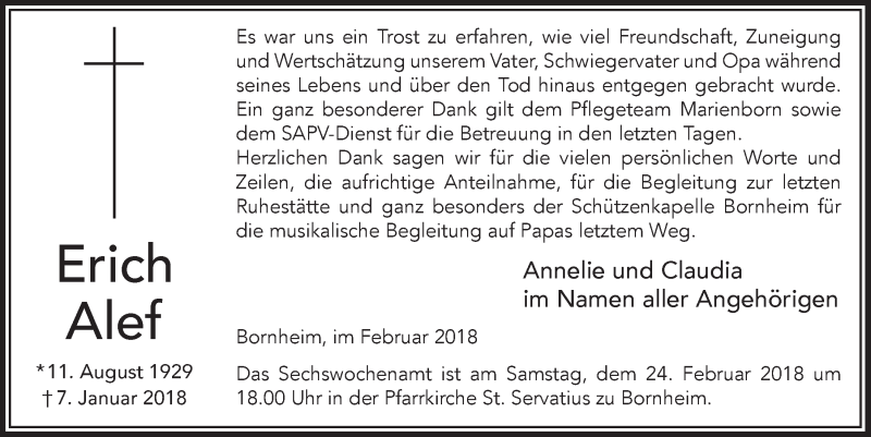  Traueranzeige für Erich Alef vom 21.02.2018 aus  Schaufenster/Blickpunkt 