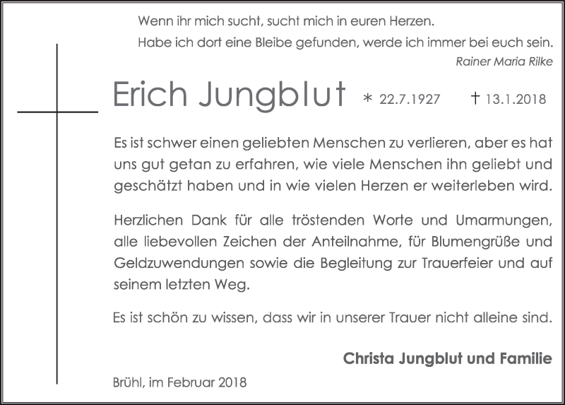  Traueranzeige für Erich Jungblut vom 14.02.2018 aus  Schlossbote/Werbekurier 