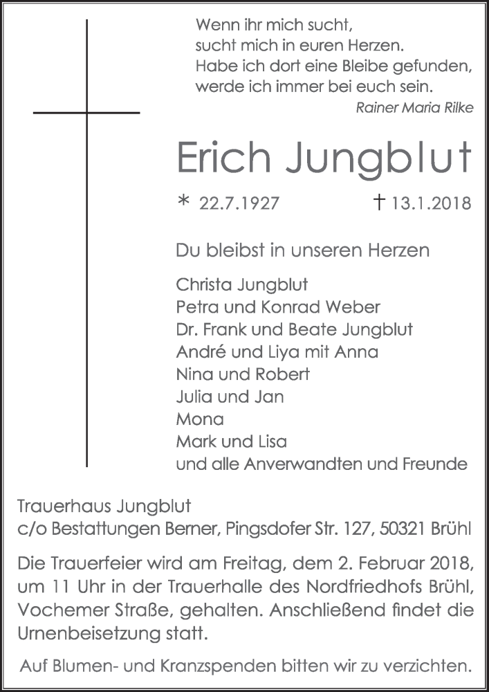  Traueranzeige für Erich Jungblut vom 31.01.2018 aus  Schlossbote/Werbekurier 
