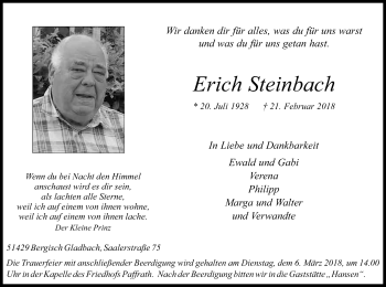 Anzeige von Erich Steinbach von Kölner Stadt-Anzeiger / Kölnische Rundschau / Express