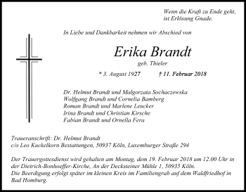 Anzeige von Erika Brandt von Kölner Stadt-Anzeiger / Kölnische Rundschau / Express