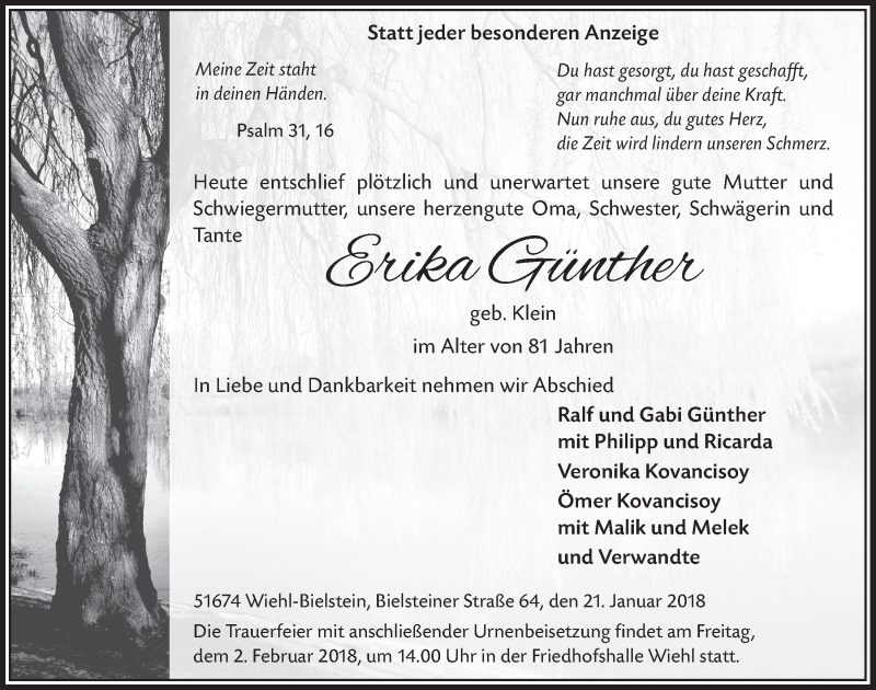  Traueranzeige für Erika Günther vom 31.01.2018 aus  Anzeigen Echo 