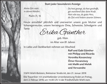 Anzeige von Erika Günther von  Anzeigen Echo 