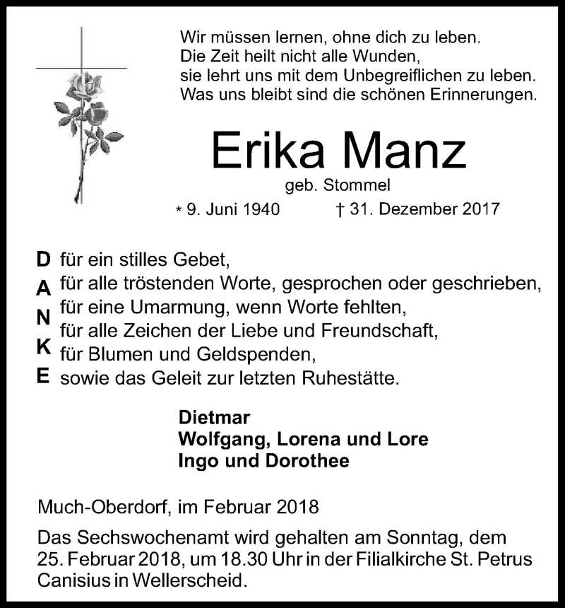 Traueranzeige für Erika Manz vom 17.02.2018 aus Kölner Stadt-Anzeiger / Kölnische Rundschau / Express