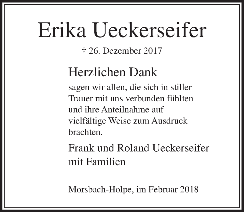  Traueranzeige für Erika Ueckerseifer vom 21.02.2018 aus  Lokalanzeiger 