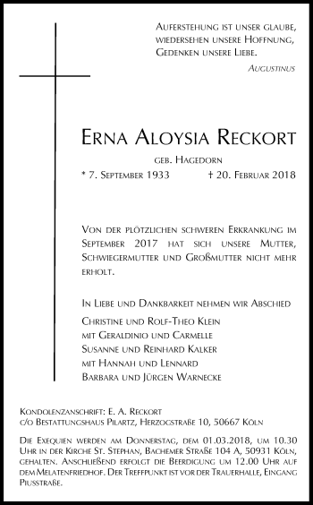 Anzeige von Erna Aloysia Reckort von Kölner Stadt-Anzeiger / Kölnische Rundschau / Express
