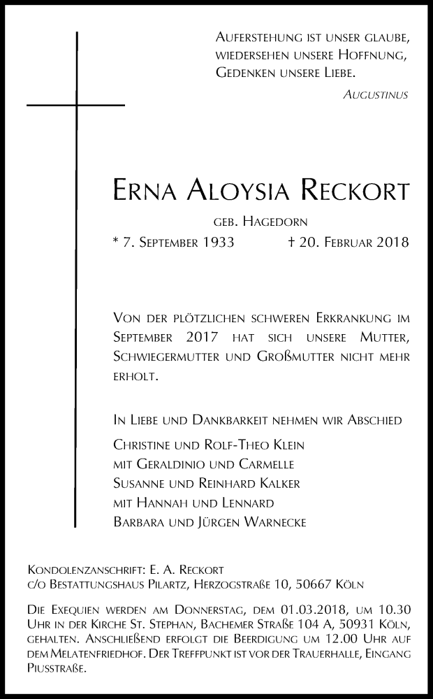  Traueranzeige für Erna Aloysia Reckort vom 24.02.2018 aus Kölner Stadt-Anzeiger / Kölnische Rundschau / Express