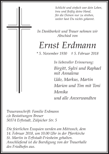 Anzeige von Ernst Erdmann von  Sonntags-Post 