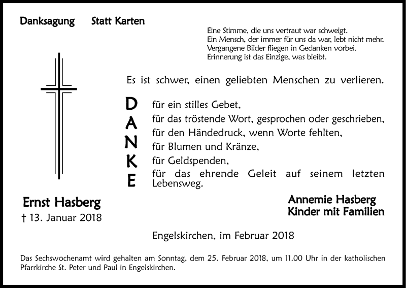  Traueranzeige für Ernst Hasberg vom 17.02.2018 aus Kölner Stadt-Anzeiger / Kölnische Rundschau / Express