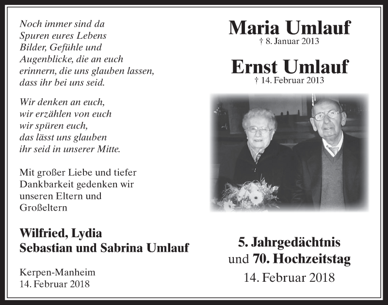  Traueranzeige für Ernst Umlauf vom 14.02.2018 aus  Werbepost 