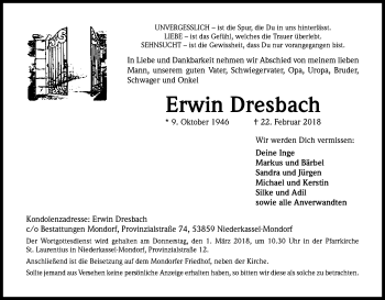 Anzeige von Erwin Dresbach von Kölner Stadt-Anzeiger / Kölnische Rundschau / Express