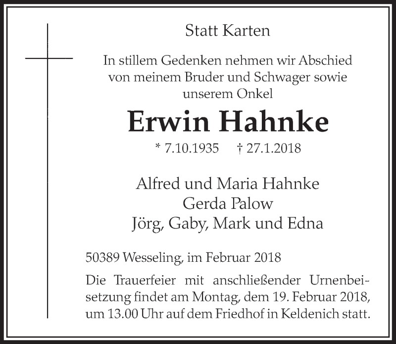  Traueranzeige für Erwin Hahnke vom 14.02.2018 aus  Schlossbote/Werbekurier 