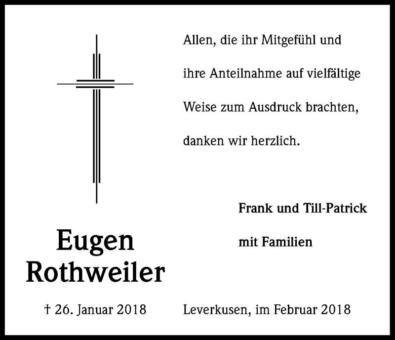  Traueranzeige für Eugen Rothweiler vom 17.02.2018 aus Kölner Stadt-Anzeiger / Kölnische Rundschau / Express