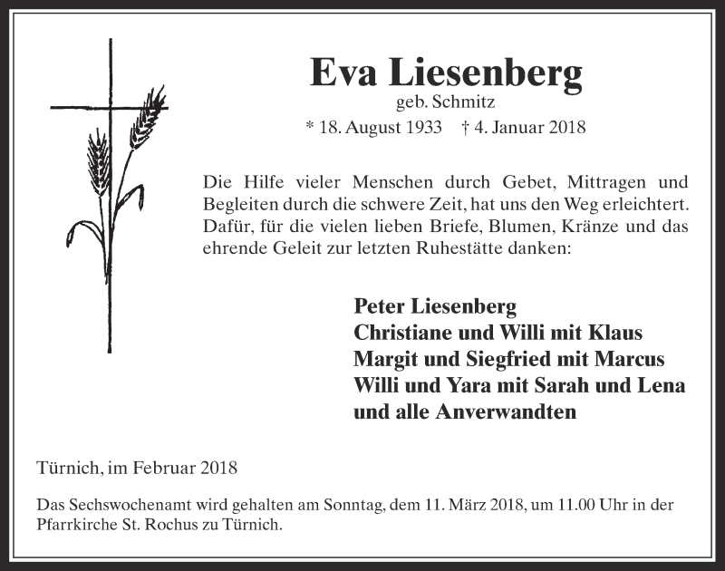  Traueranzeige für Eva Liesenberg vom 21.02.2018 aus  Werbepost 