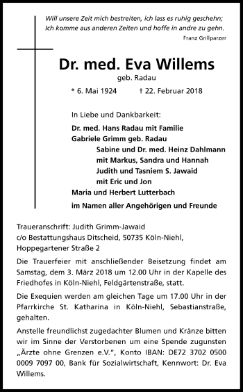 Anzeige von Eva Willems von Kölner Stadt-Anzeiger / Kölnische Rundschau / Express