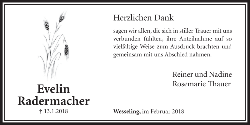  Traueranzeige für Evelin Radermacher vom 07.02.2018 aus  Schlossbote/Werbekurier 