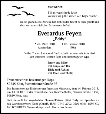 Anzeige von Everardus Feyen von Kölner Stadt-Anzeiger / Kölnische Rundschau / Express