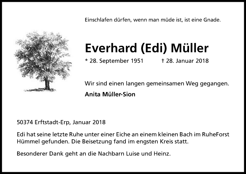  Traueranzeige für Everhard Müller vom 10.02.2018 aus Kölner Stadt-Anzeiger / Kölnische Rundschau / Express
