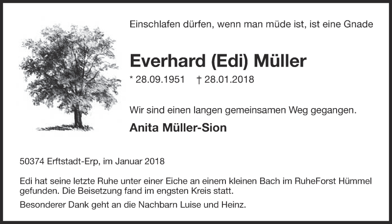  Traueranzeige für Everhard Müller vom 14.02.2018 aus  Werbepost 