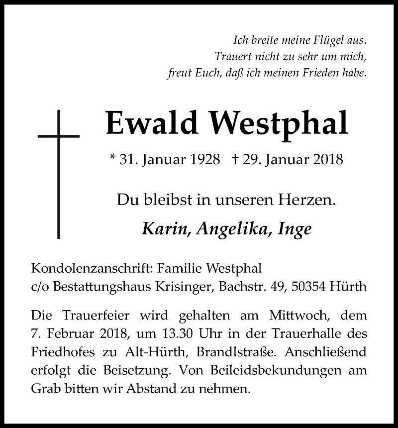  Traueranzeige für Ewald Westphal vom 03.02.2018 aus Kölner Stadt-Anzeiger / Kölnische Rundschau / Express