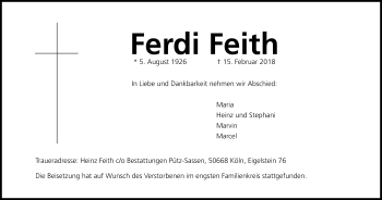 Anzeige von Ferdi Feith von Kölner Stadt-Anzeiger / Kölnische Rundschau / Express