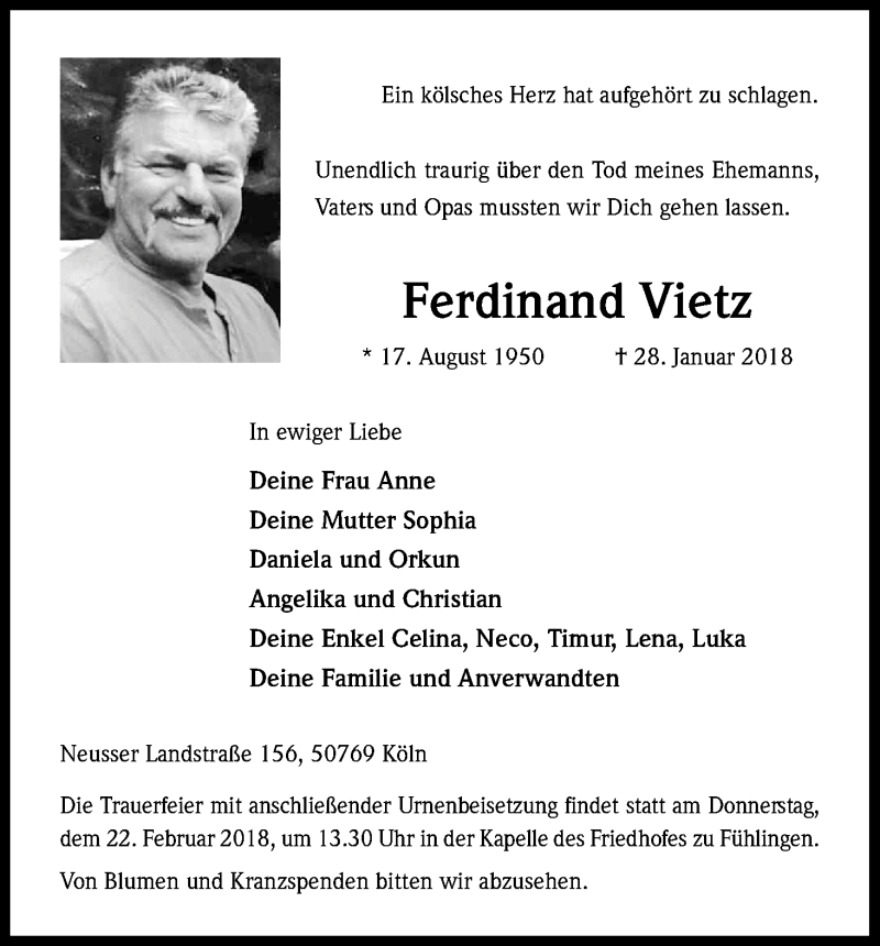  Traueranzeige für Ferdinand Vietz vom 17.02.2018 aus Kölner Stadt-Anzeiger / Kölnische Rundschau / Express