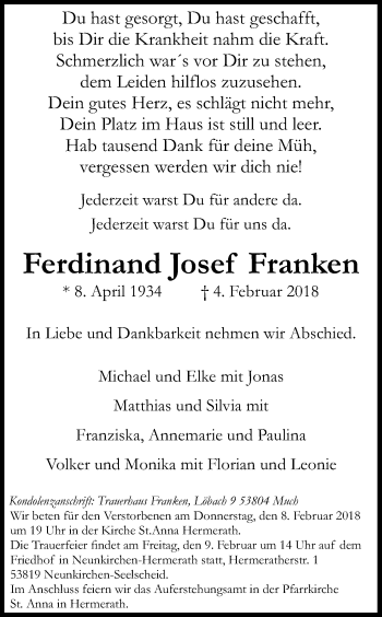 Anzeige von Ferdinand Josef Franken von Kölner Stadt-Anzeiger / Kölnische Rundschau / Express