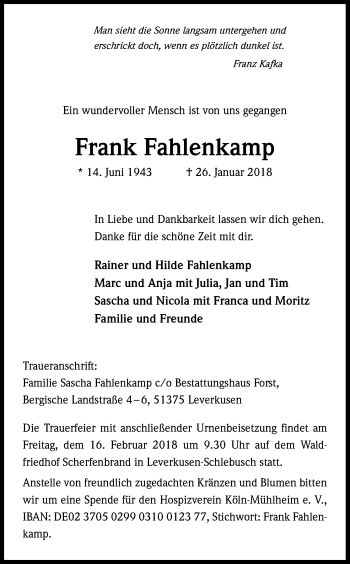 Anzeige von Frank Fahlenkamp von Kölner Stadt-Anzeiger / Kölnische Rundschau / Express