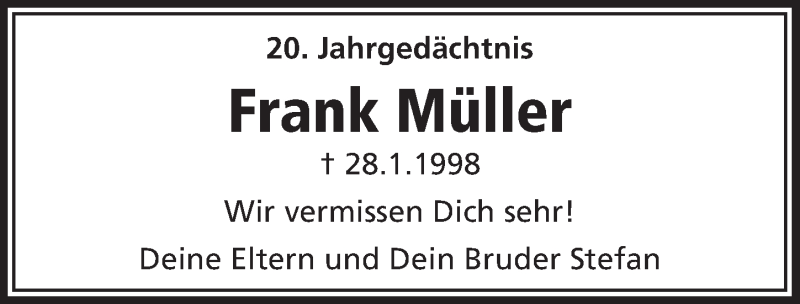  Traueranzeige für Frank Müller vom 31.01.2018 aus  Lokalanzeiger 