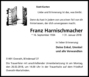 Anzeige von Franz Harnischmacher von Kölner Stadt-Anzeiger / Kölnische Rundschau / Express