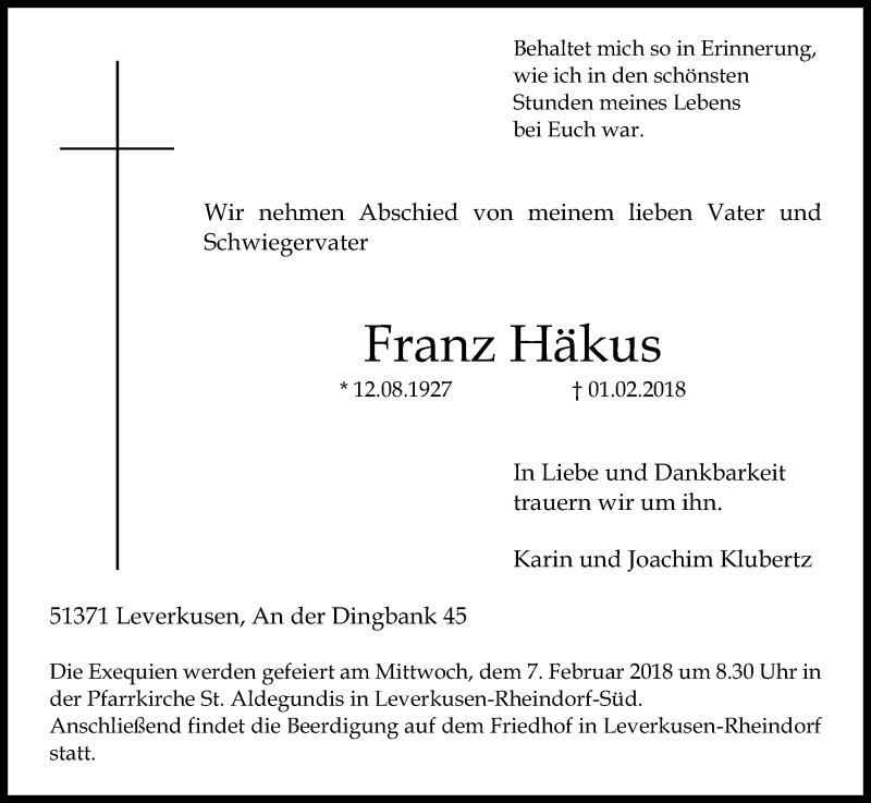  Traueranzeige für Franz Häkus vom 03.02.2018 aus Kölner Stadt-Anzeiger / Kölnische Rundschau / Express