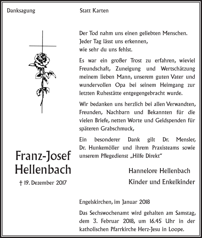  Traueranzeige für Franz-Josef Hellenbach vom 31.01.2018 aus  Anzeigen Echo 