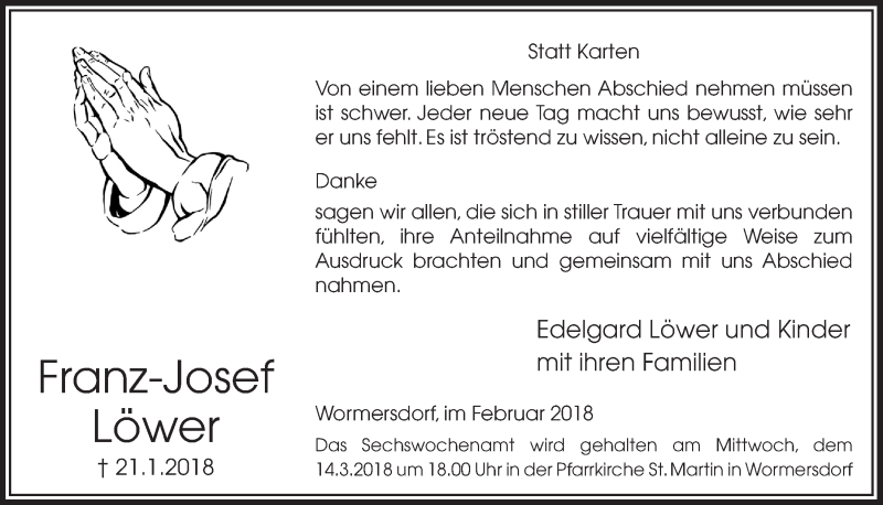  Traueranzeige für Franz-Josef Löwer vom 28.02.2018 aus  Schaufenster/Blickpunkt 