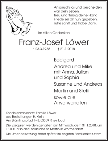 Anzeige von Franz-Josef Löwer von  Schaufenster/Blickpunkt 