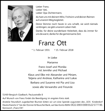 Anzeige von Franz Ott von Kölner Stadt-Anzeiger / Kölnische Rundschau / Express